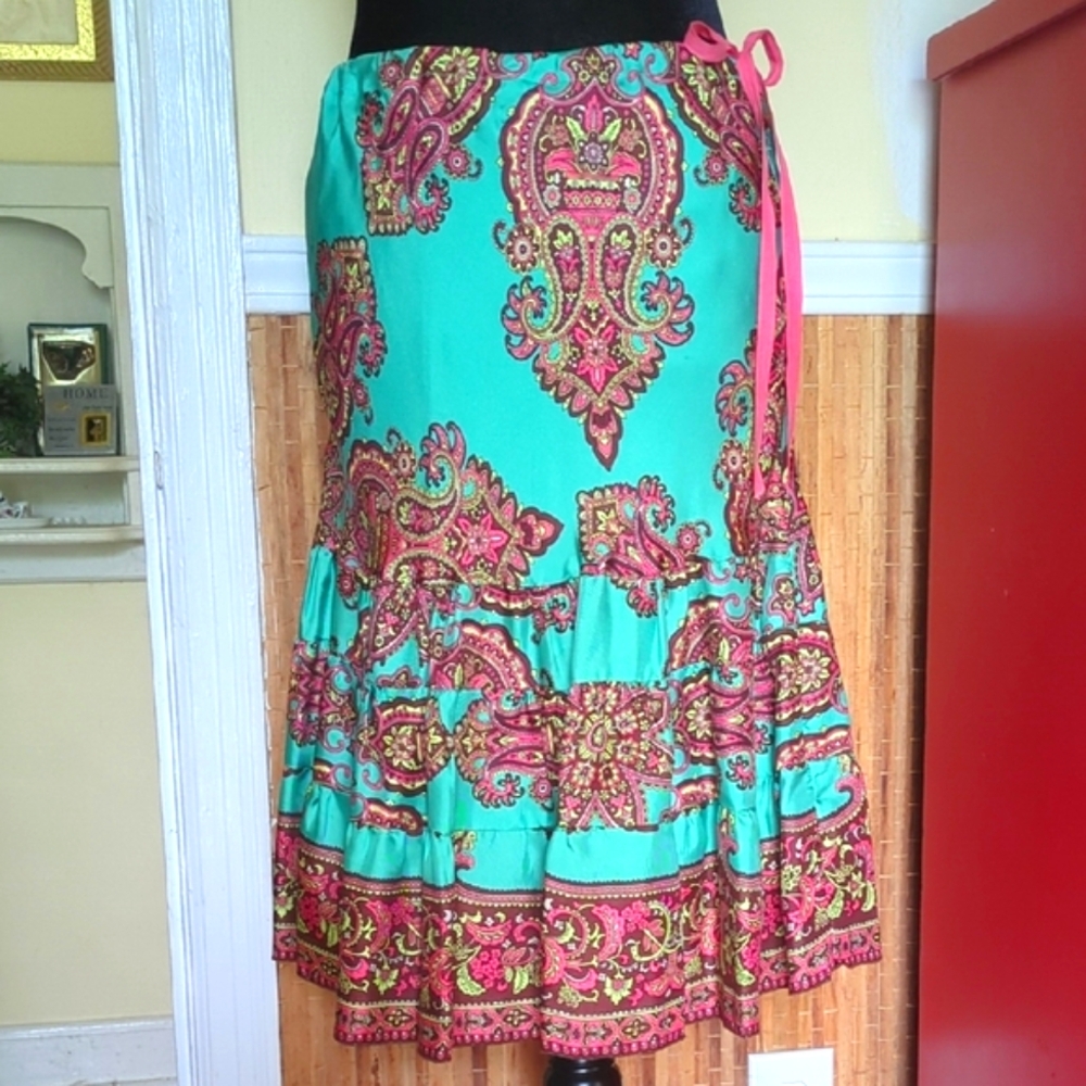 Tibi Pink and Green Silk Midi Skirt Resort Style